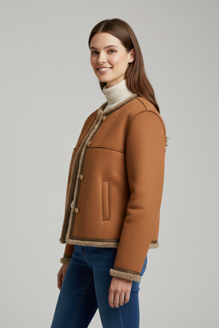 Women Jacket with Button Closure and Trim Edging