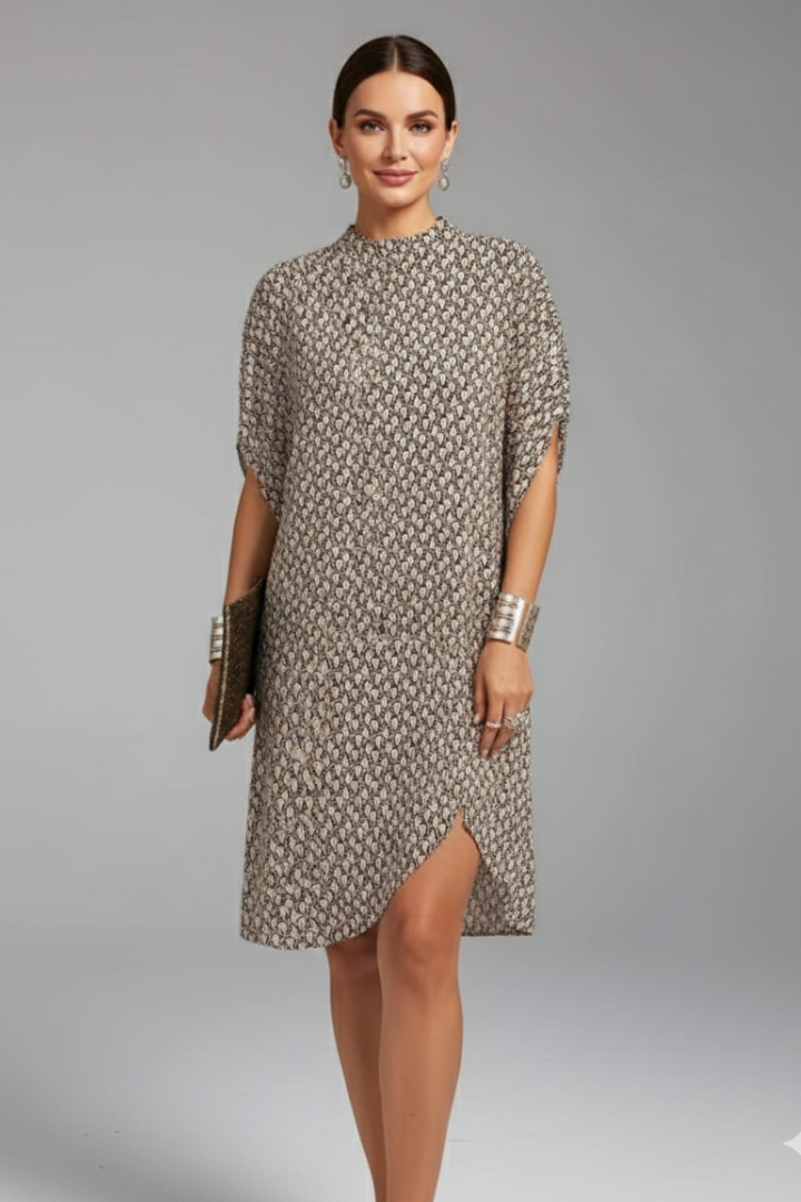 Women Knee-Length Dress with High Neck and Side Slit