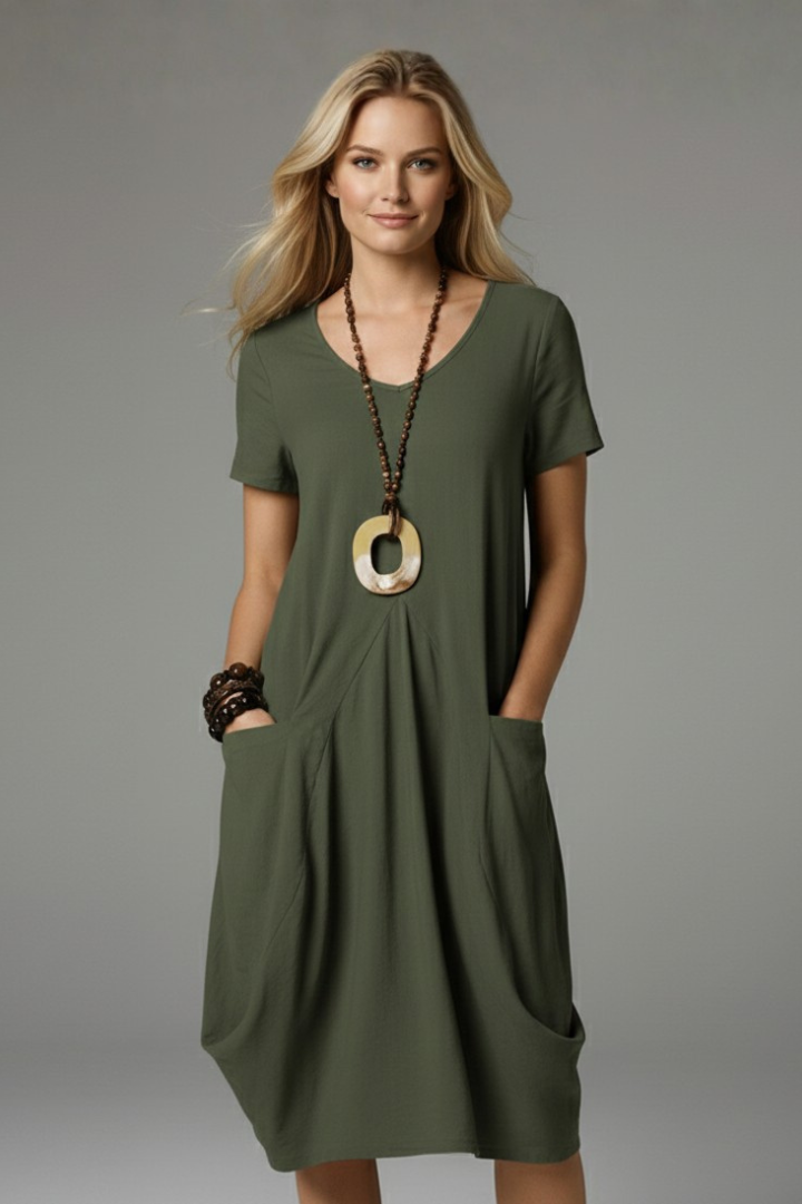 Women Midi Dress with Round Neckline and Short Sleeves