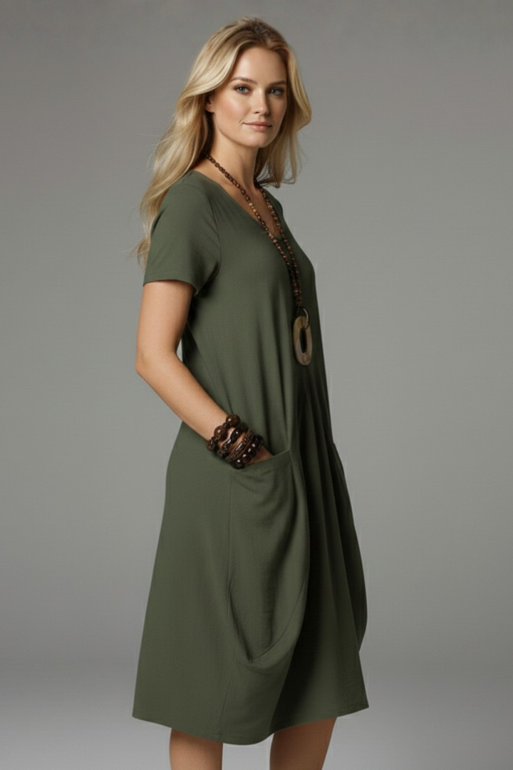 Women Midi Dress with Round Neckline and Short Sleeves
