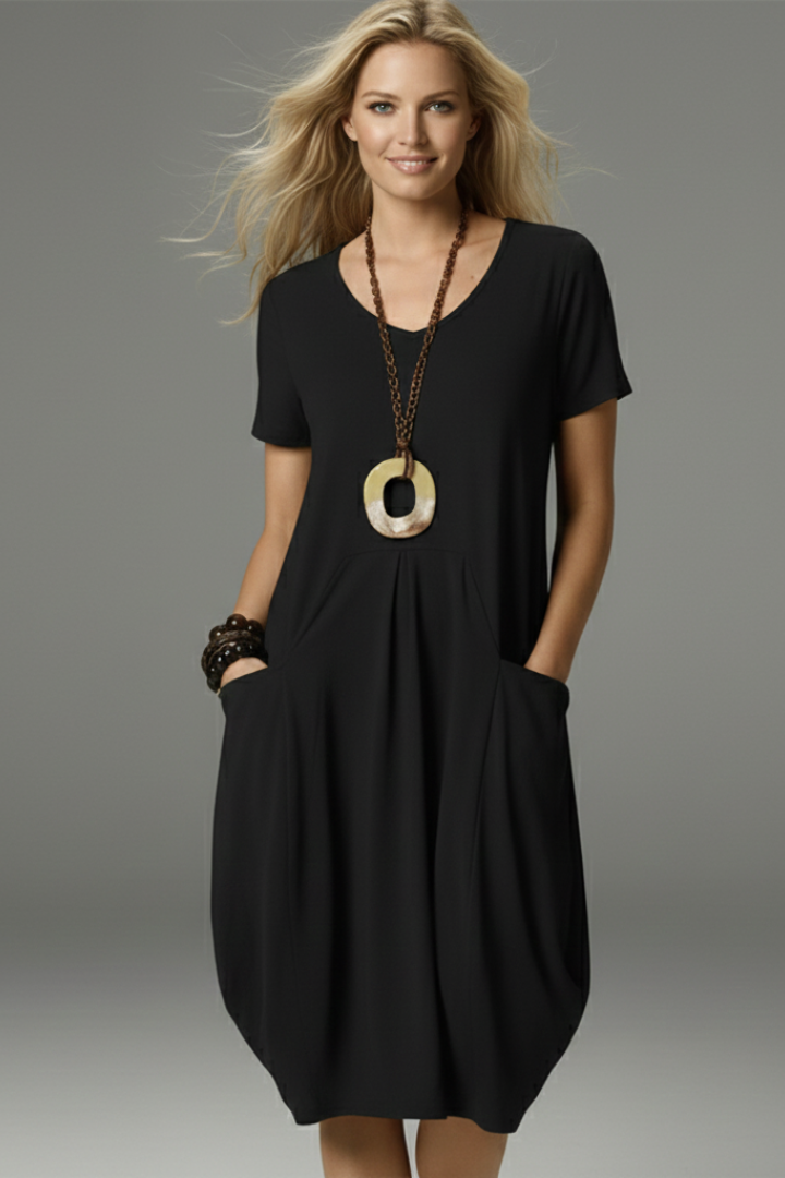 Women Midi Dress with Round Neckline and Short Sleeves