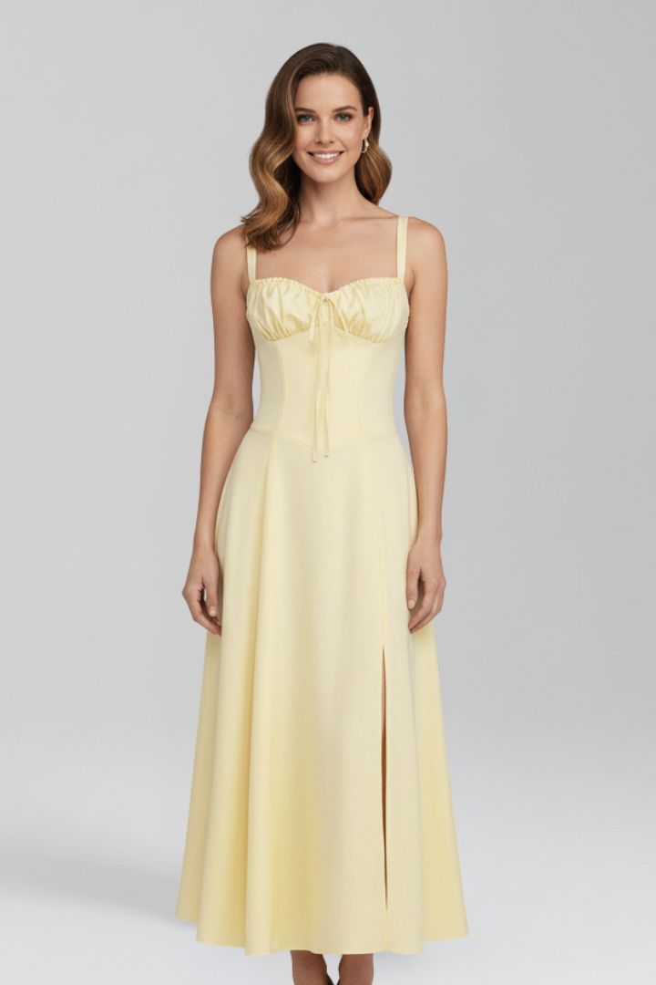 Women Midi Dress with Shoulder Straps and Patterned Skirt