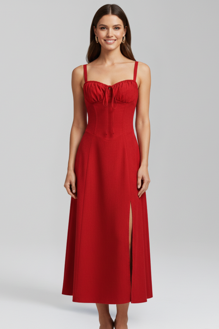 Women Midi Dress with Shoulder Straps and Patterned Skirt