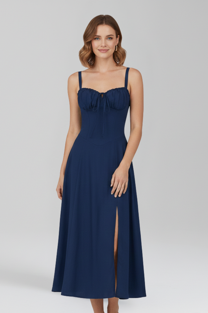 Women Midi Dress with Shoulder Straps and Patterned Skirt