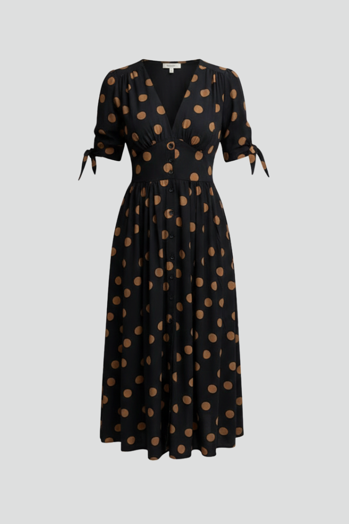 Women Midi Dress with V Neck and Button Front