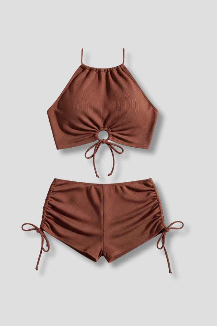 Women’s Bikini Set with Halter Top and Drawstring Shorts