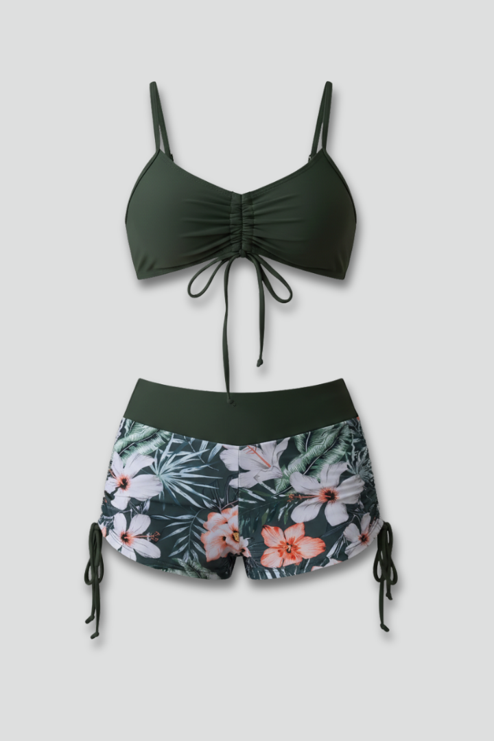 Women’s Bikini Set with Ruched Top and Printed Shorts