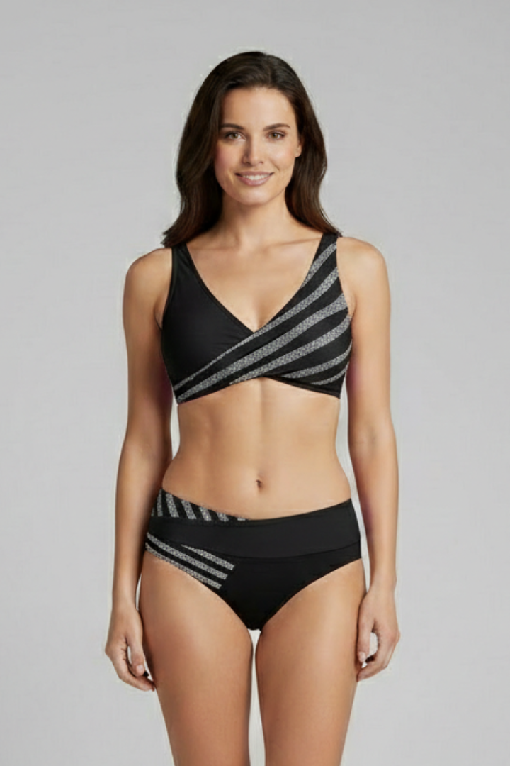 Women’s Bikini Set with Stripe Top and High Waist