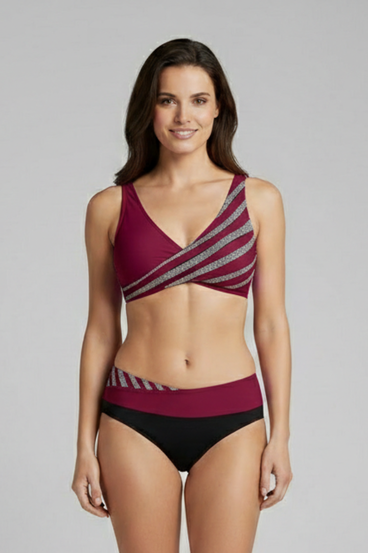 Women’s Bikini Set with Stripe Top and High Waist