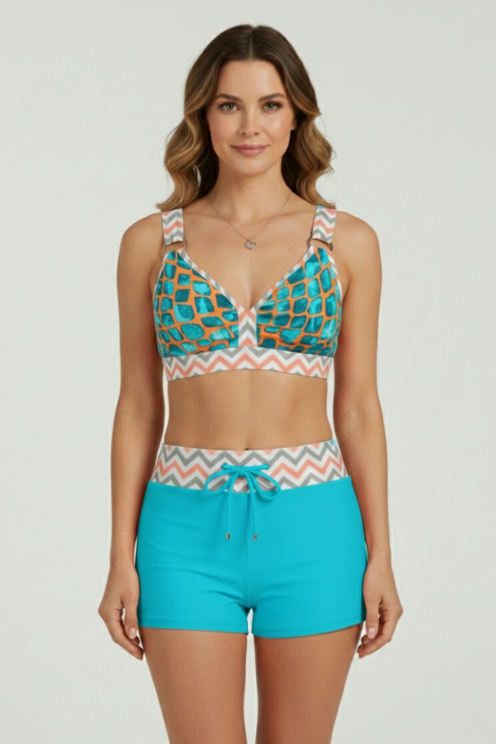 Women’s Bikini Set with Striped Top and Drawstring Shorts