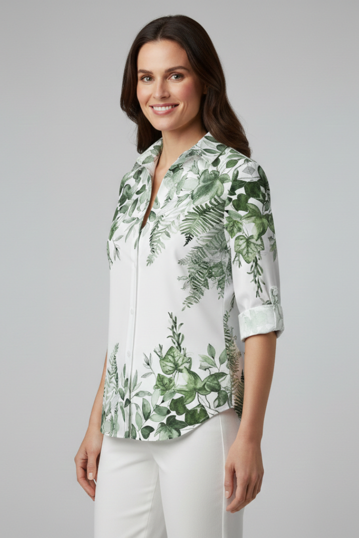 Women’s Blouse with Button Closure and Leaf Print