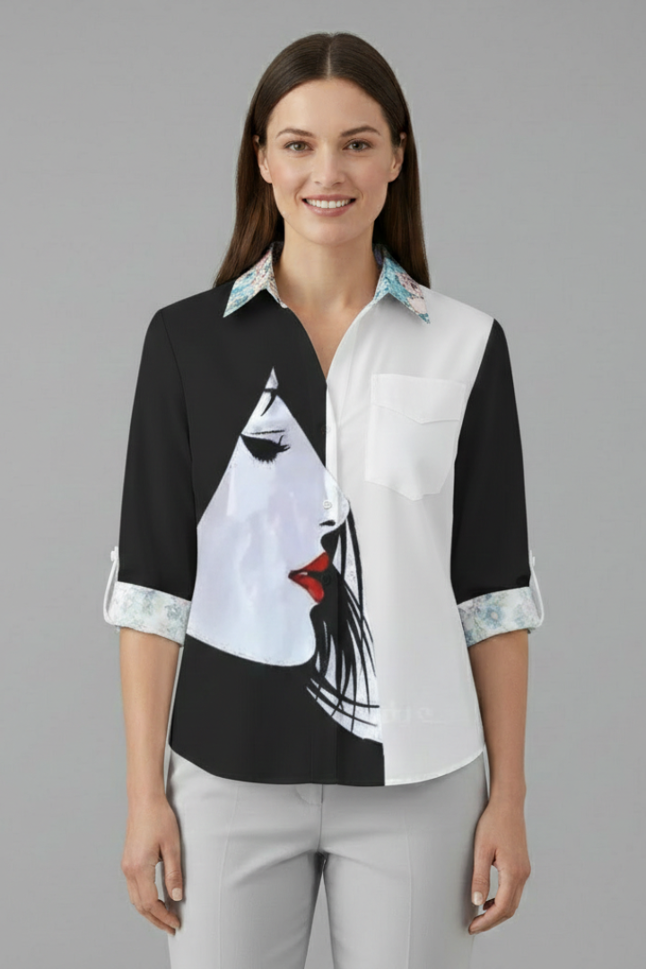 Women’s Blouse with Button Fastening and Floral Panels