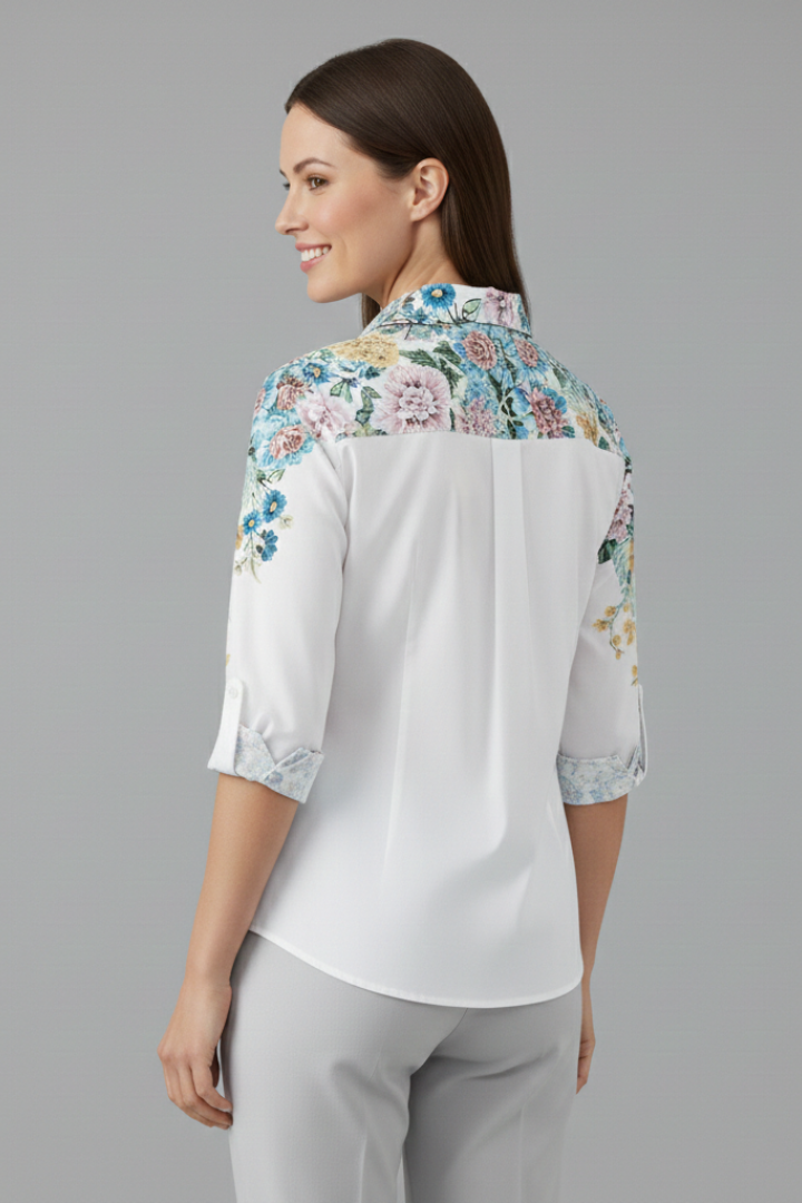 Women’s Blouse with Button Fastening and Floral Panels