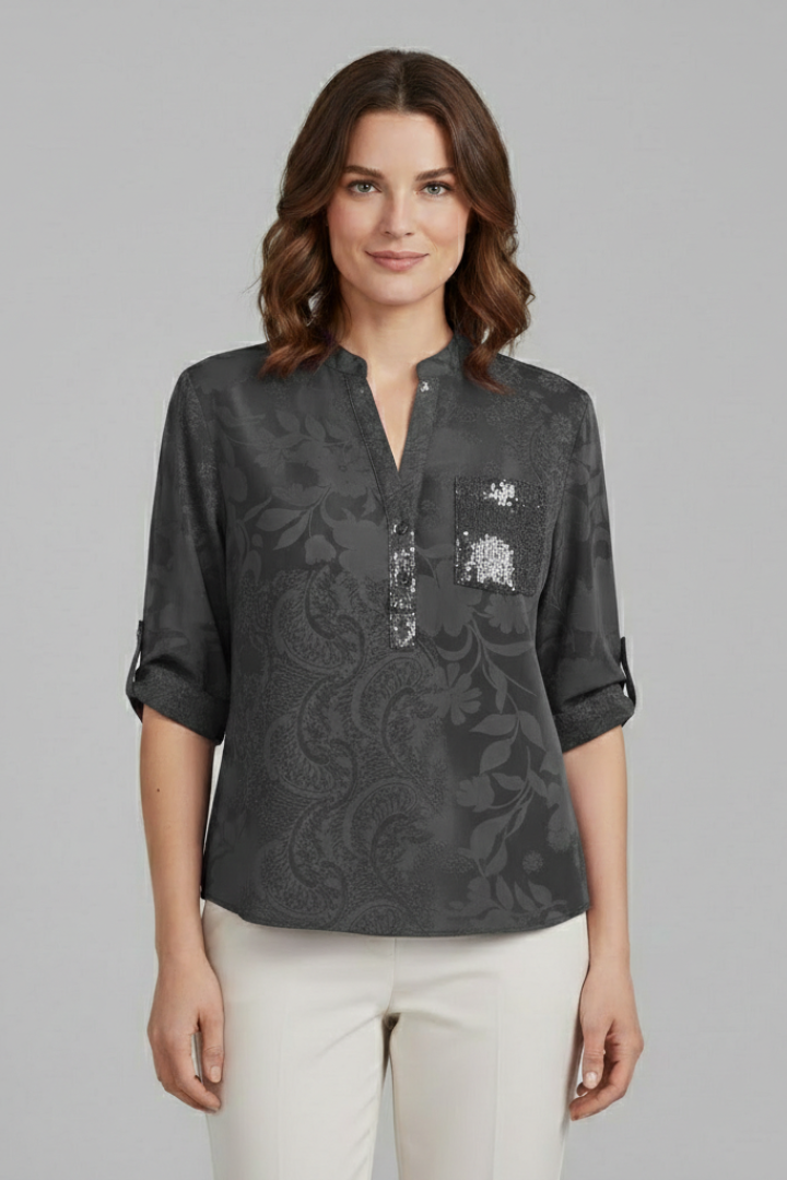 Women’s Blouse with Stand Collar and Front Pocket