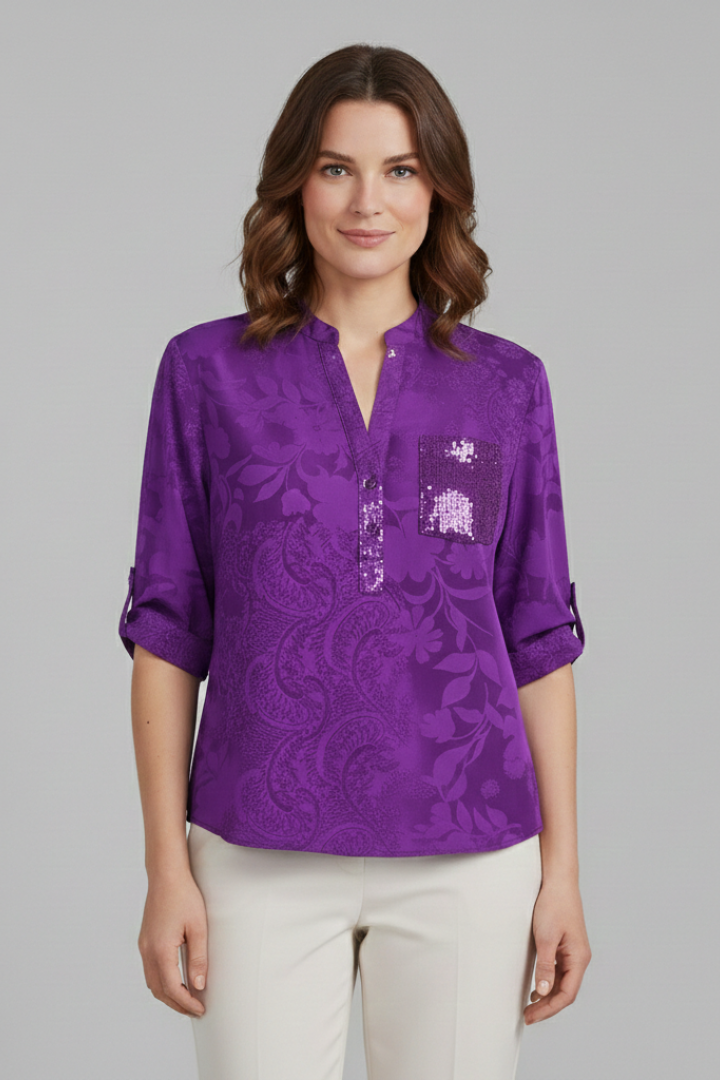 Women’s Blouse with Stand Collar and Front Pocket