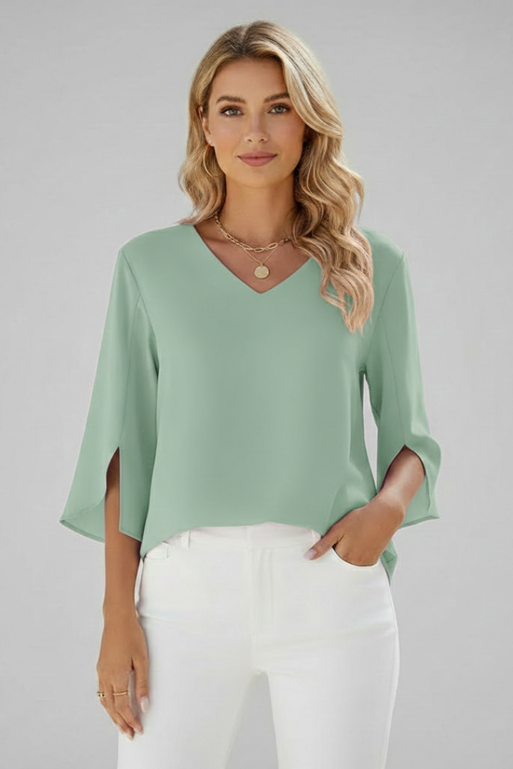 Women’s Blouse with V Neckline and Short Sleeves