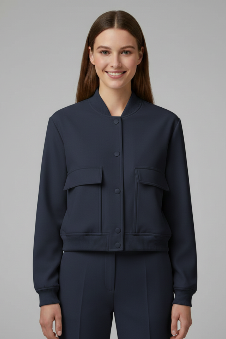 Women’s Bomber Jacket with Baseball Collar and Snap Buttons