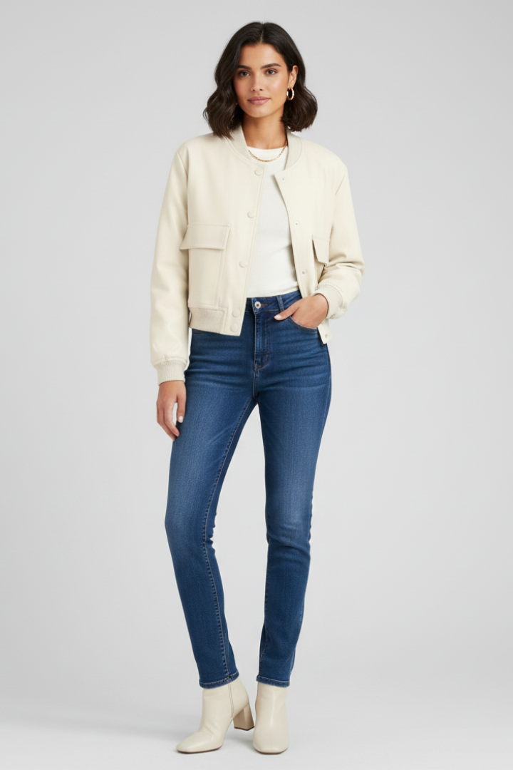 Women’s Bomber Jacket with Flap Pockets and Ribbed Finishes