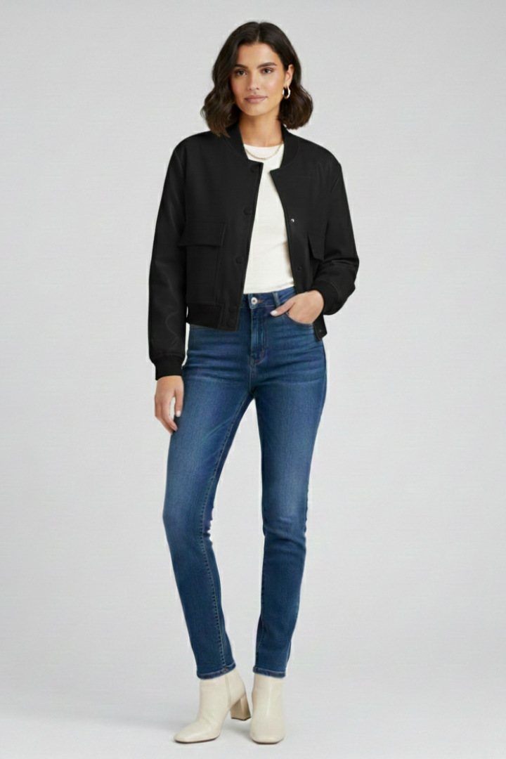 Women’s Bomber Jacket with Flap Pockets and Ribbed Finishes