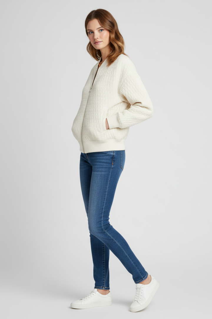 Women’s Bomber Jacket with Quilted Surface and Ribbed Hem