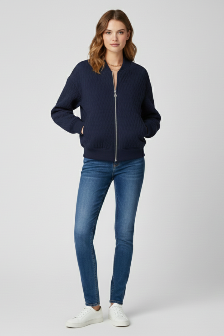 Women’s Bomber Jacket with Quilted Surface and Ribbed Hem