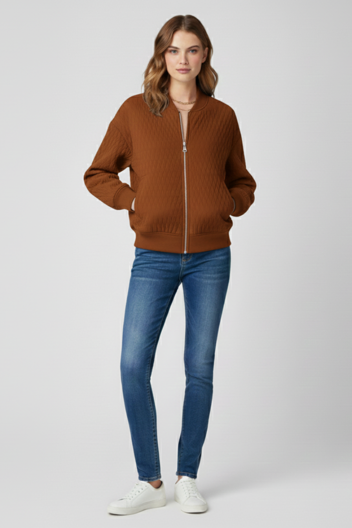 Women’s Bomber Jacket with Quilted Surface and Ribbed Hem