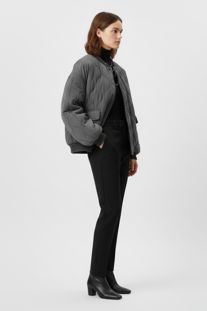 Women’s Bomber Jacket with Snap Closure and Quilted Surface