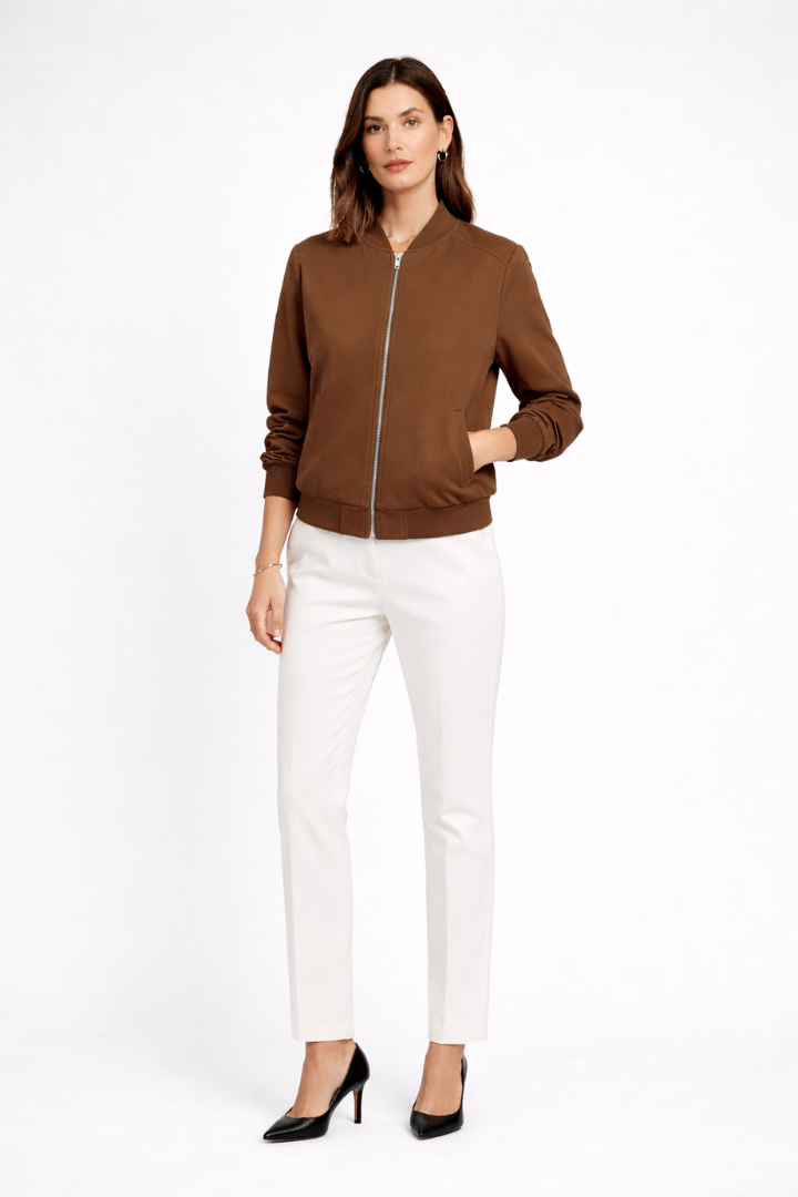 Women’s Bomber Jacket with Zip Closure and Ribbed Edges
