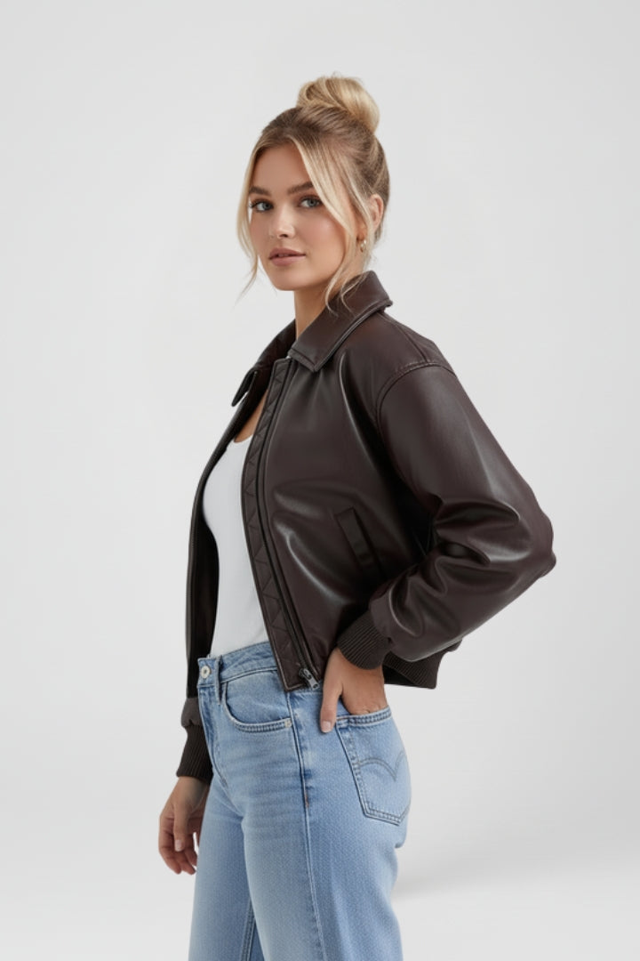 Women’s Bomber Jacket with Zip Front and Ribbed Edges