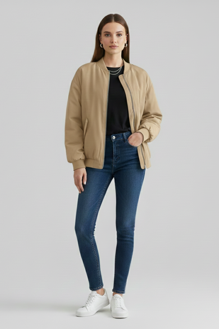 Women’s Bomber Jacket with Zipper and Flap Pockets