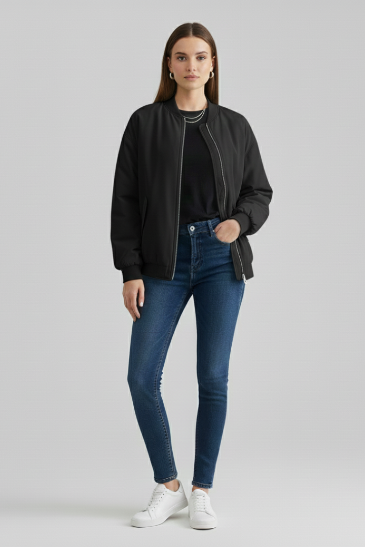 Women’s Bomber Jacket with Zipper and Flap Pockets