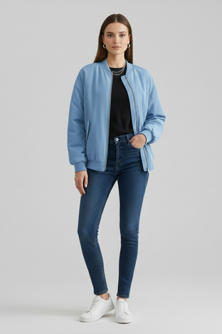 Women’s Bomber Jacket with Zipper and Flap Pockets