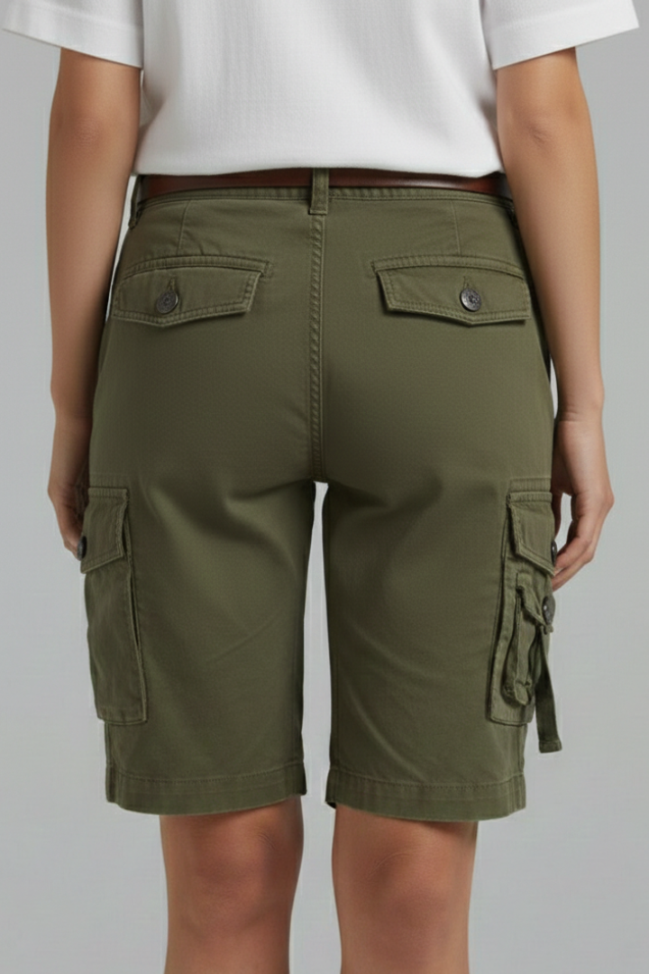 Women’s Cargo Shorts with Button Waist and Flap Pockets