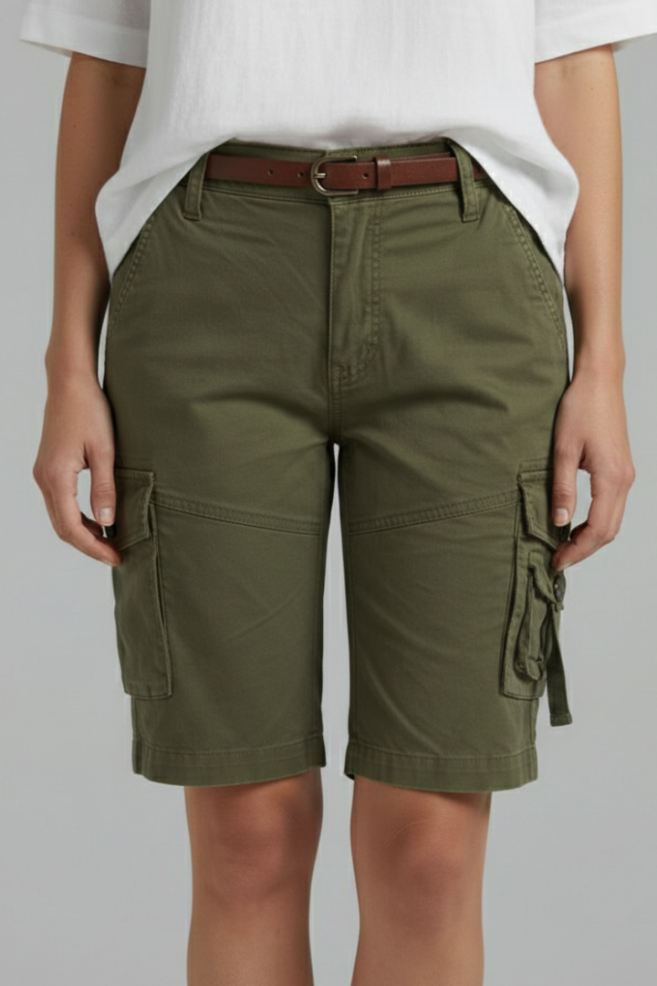 Women’s Cargo Shorts with Button Waist and Flap Pockets