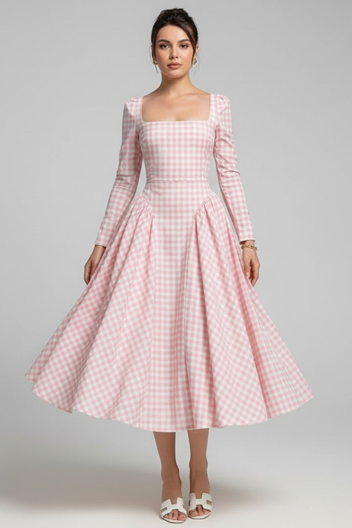 Women’s Checked Dress with Square Neckline and Long Sleeves