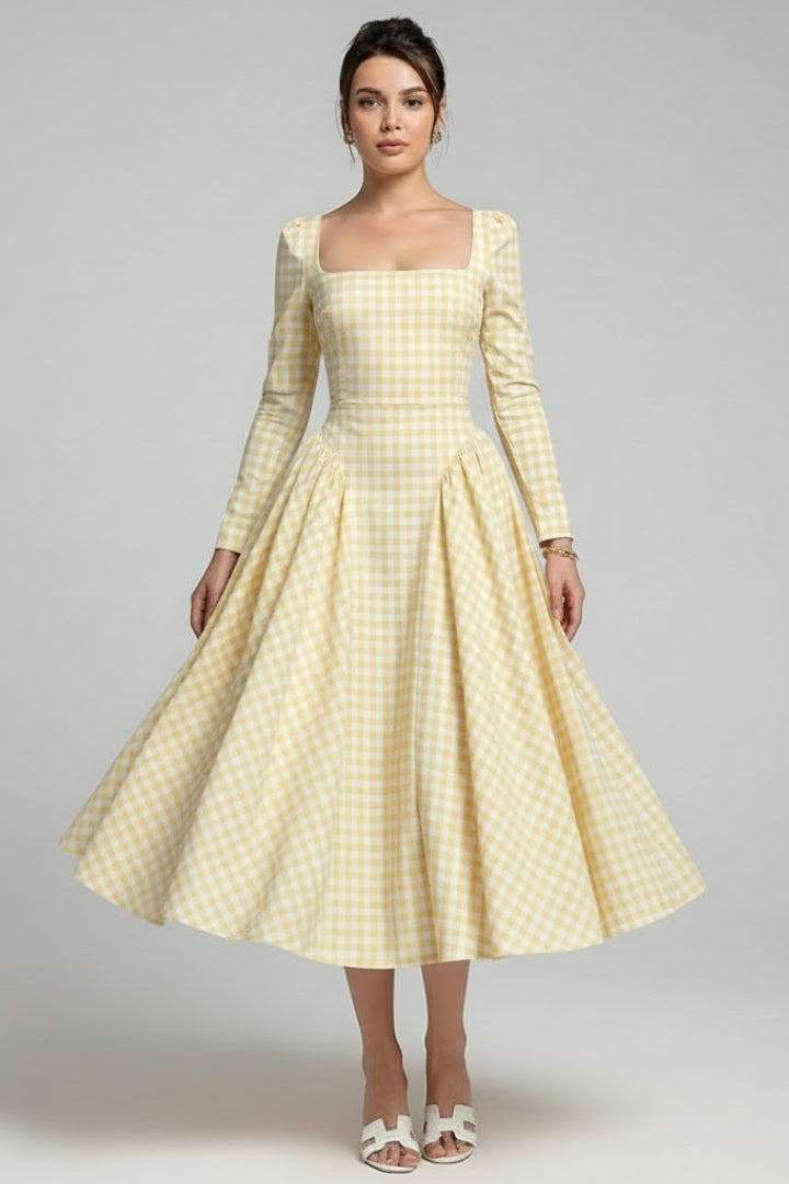 Women’s Checked Dress with Square Neckline and Long Sleeves