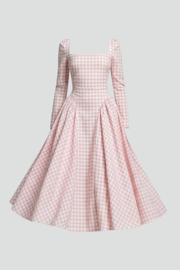 Women’s Checked Dress with Square Neckline and Long Sleeves