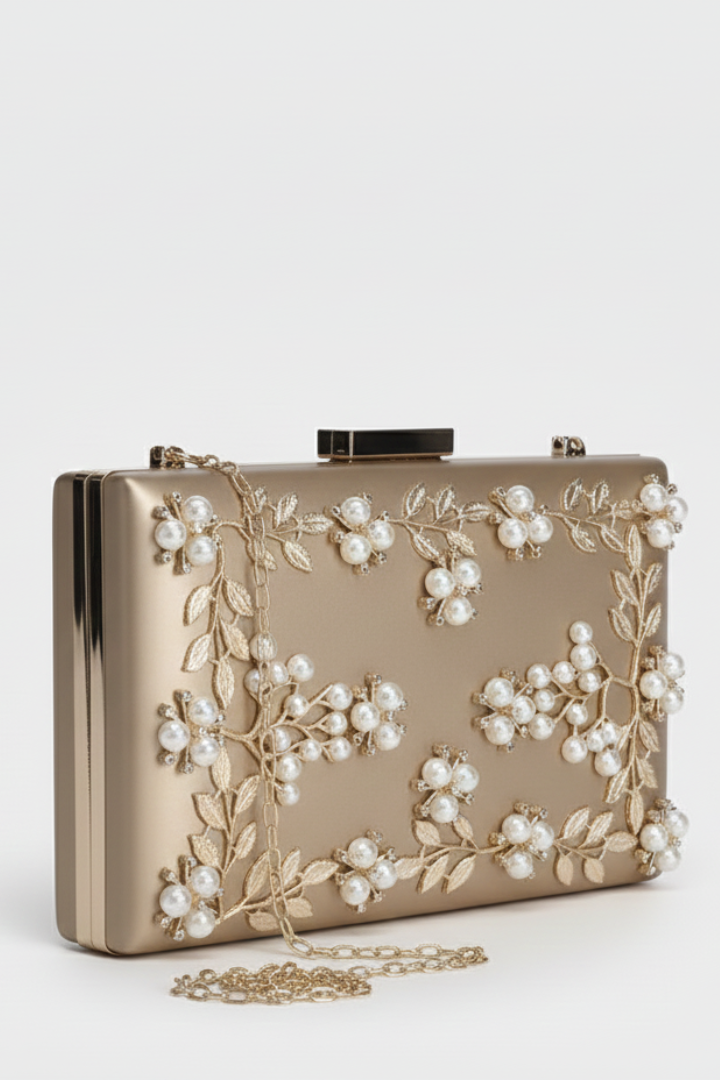 Women’s Clutch Bag with Floral Beadwork and Chain Strap