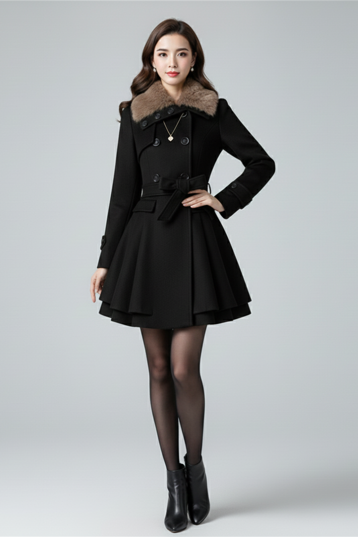 Women’s Coat with Textured Collar and Belted Waist