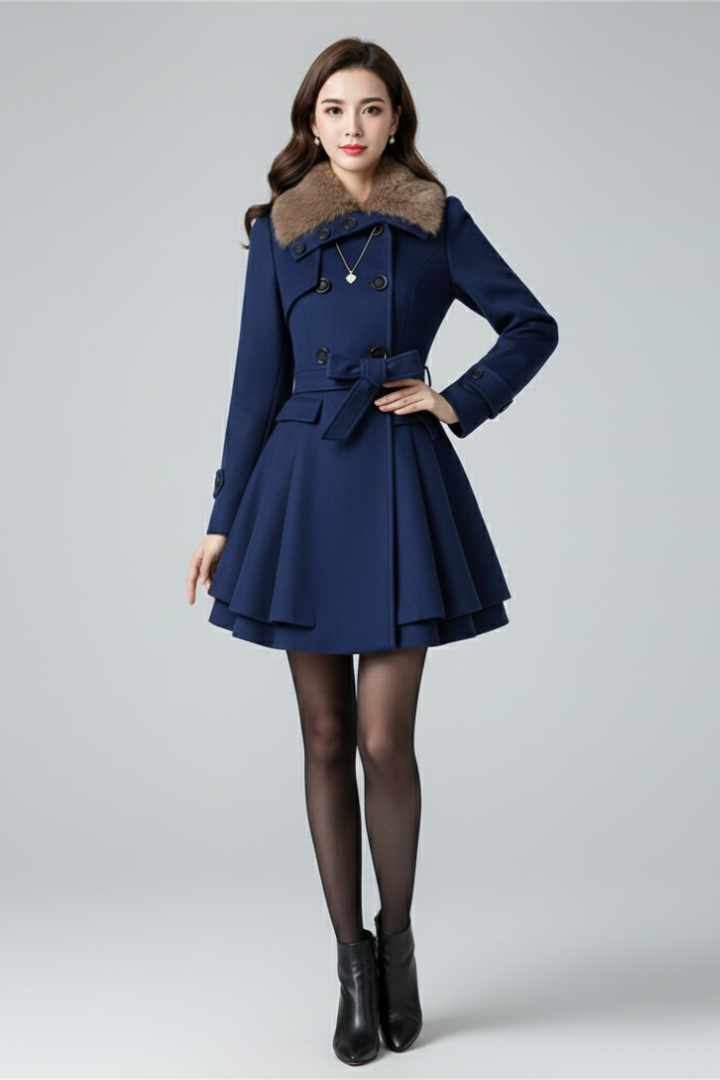 Women’s Coat with Textured Collar and Belted Waist