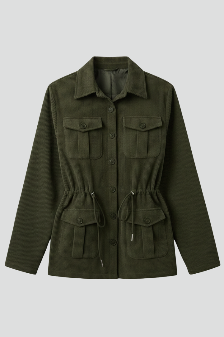 Women’s Corduroy Jacket with Drawstring Waist and Buttons