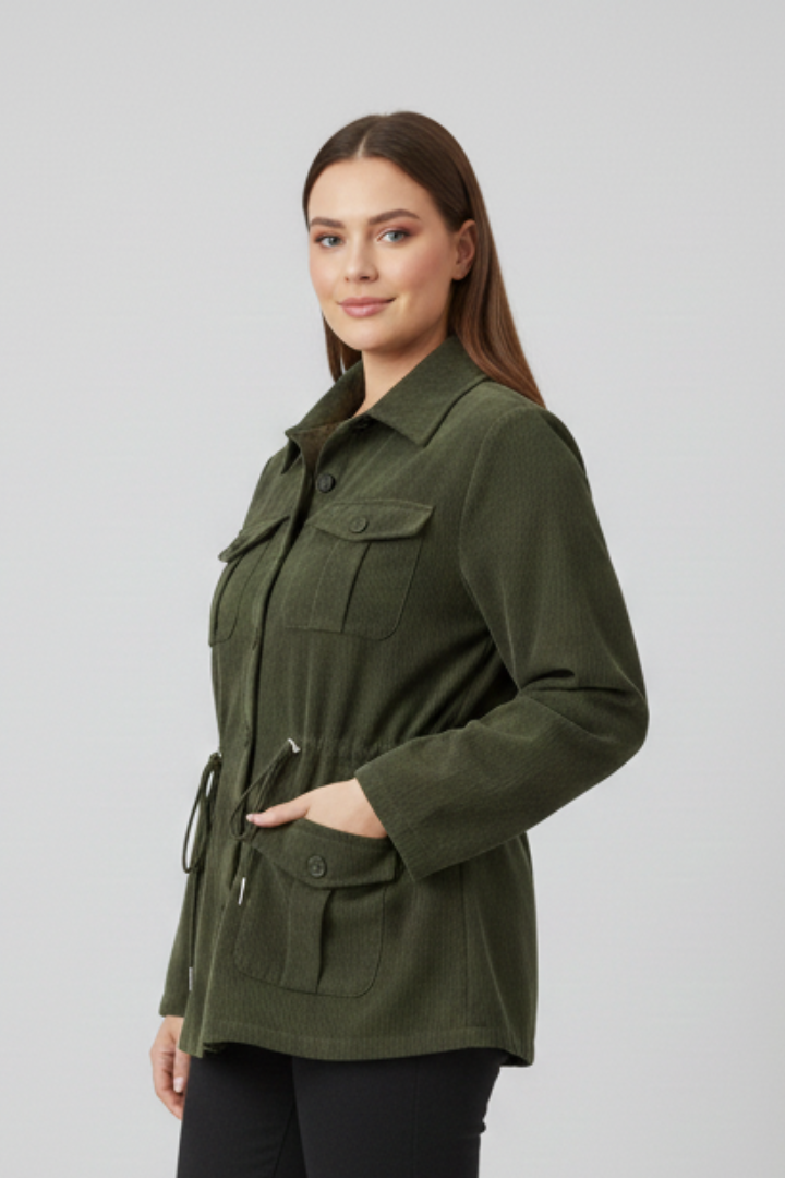 Women’s Corduroy Jacket with Drawstring Waist and Buttons