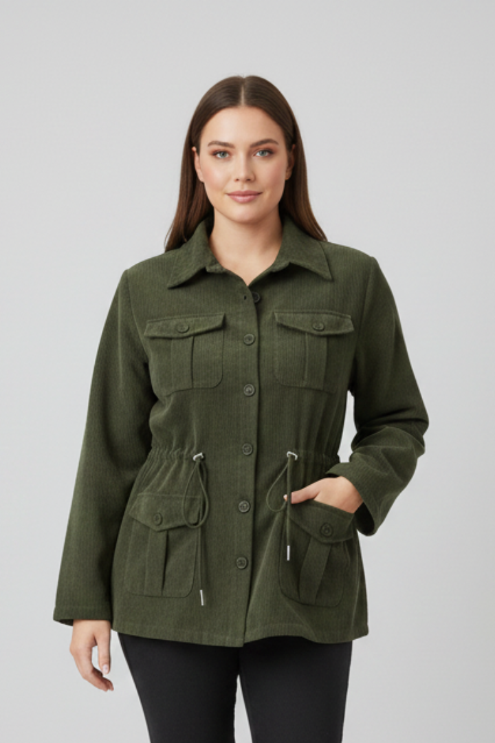 Women’s Corduroy Jacket with Drawstring Waist and Buttons
