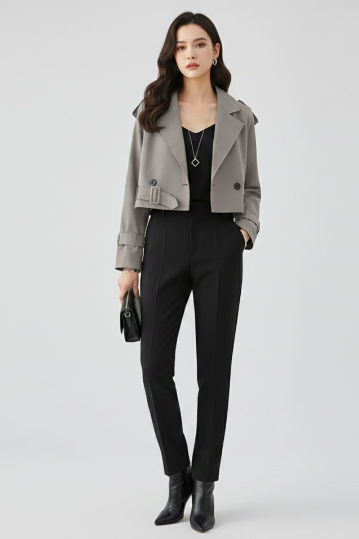 Women’s Cropped Jacket with Lapel Collar and Belted Cuffs