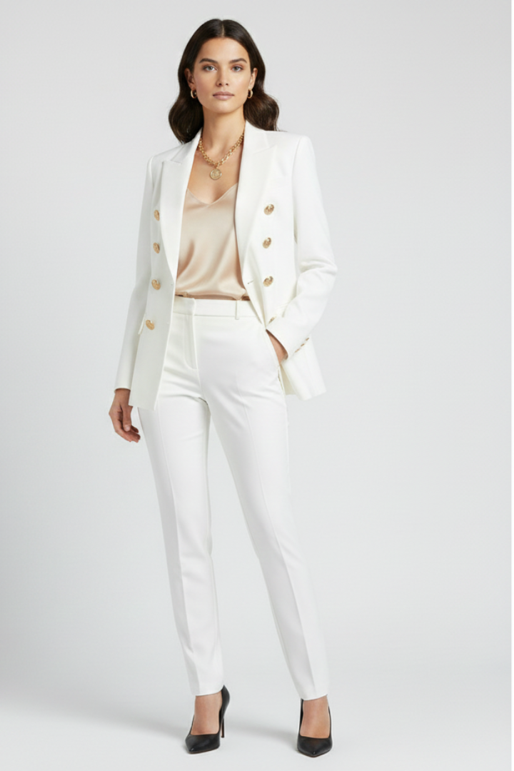 Women’s Double-Breasted Blazer with Gold Buttons and Notched Lapel