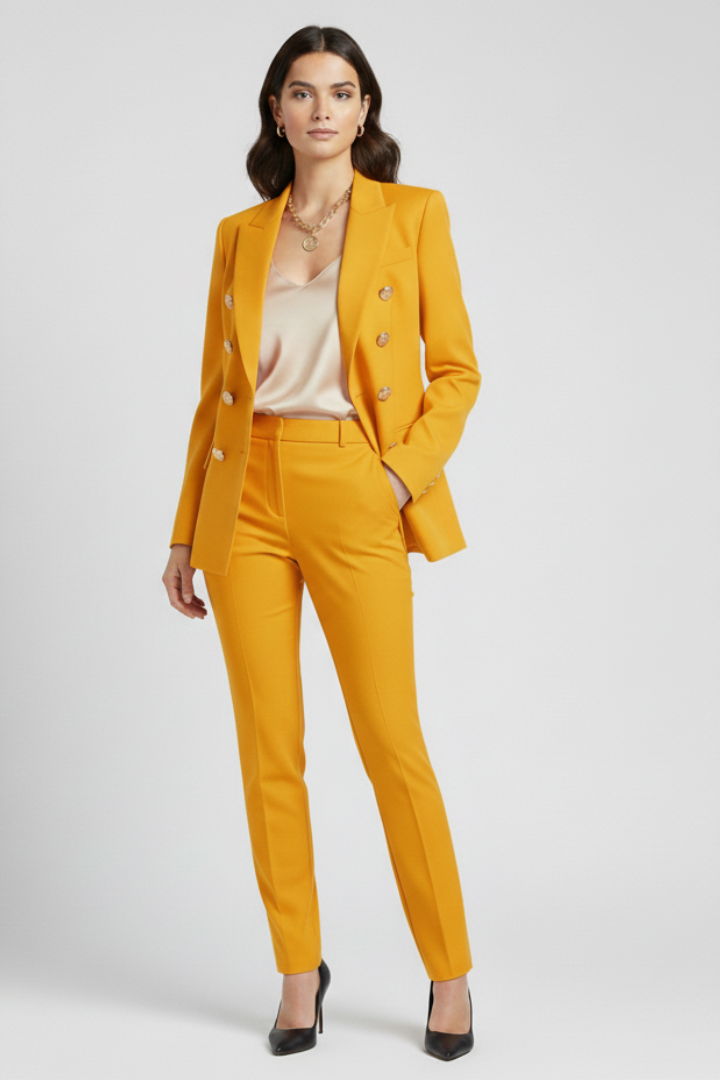 Women’s Double-Breasted Blazer with Gold Buttons and Notched Lapel