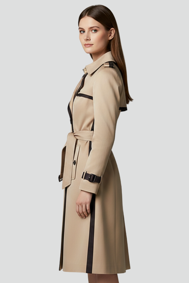 Women’s Double-Button Trench Coat with Belt and Lapel Collar