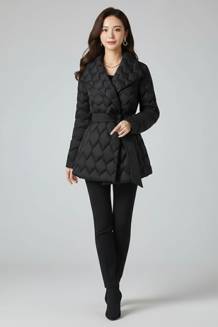 Women’s Down Coat with Belt and Insulated Structure