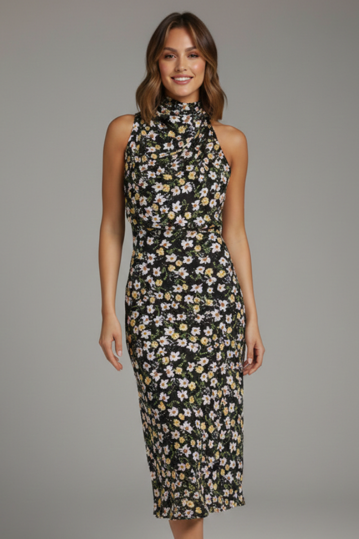 Women’s Dress with High Neck and Draped Front