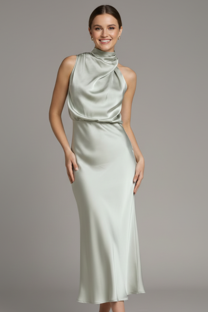 Women’s Dress with High Neck and Draped Front